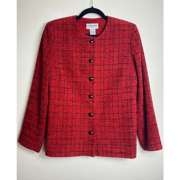 VINTAGE ALFRED DUNNER JACKET 12P BLAZER RED BLACK GLITTER CHECK PLAID SHIMMER - Picture 1 of 7
